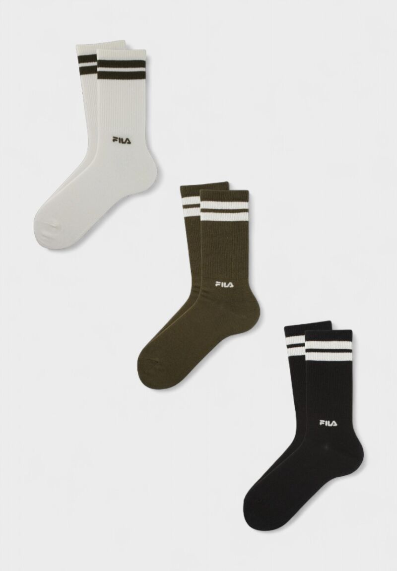 Fila Ανδρικές Κάλτσες 3 Ζευγάρια – Βαμβακερές Αθλητικές Μαύρο, Λευκό, Χακί