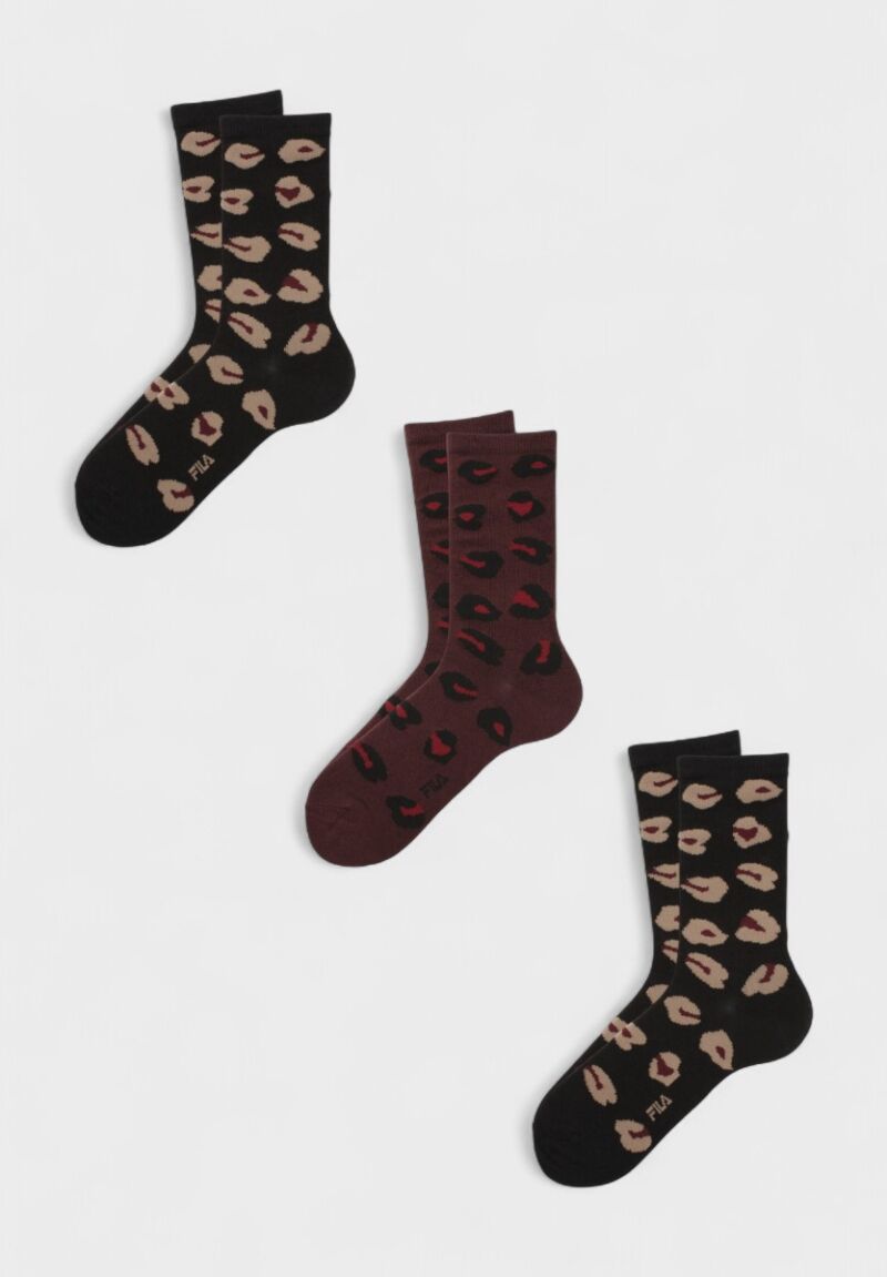 Γυναικείες Κάλτσες Fila σε Πακέτο 3 Ζευγάρια με Animal Print – Μαύρο, Μπορντό
