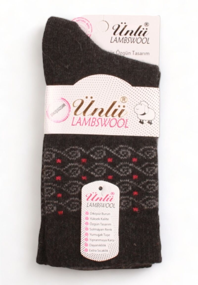 Κάλτσα γυναικεία μάλλινη Lambswool ανθρακί με σχεδιάκι 