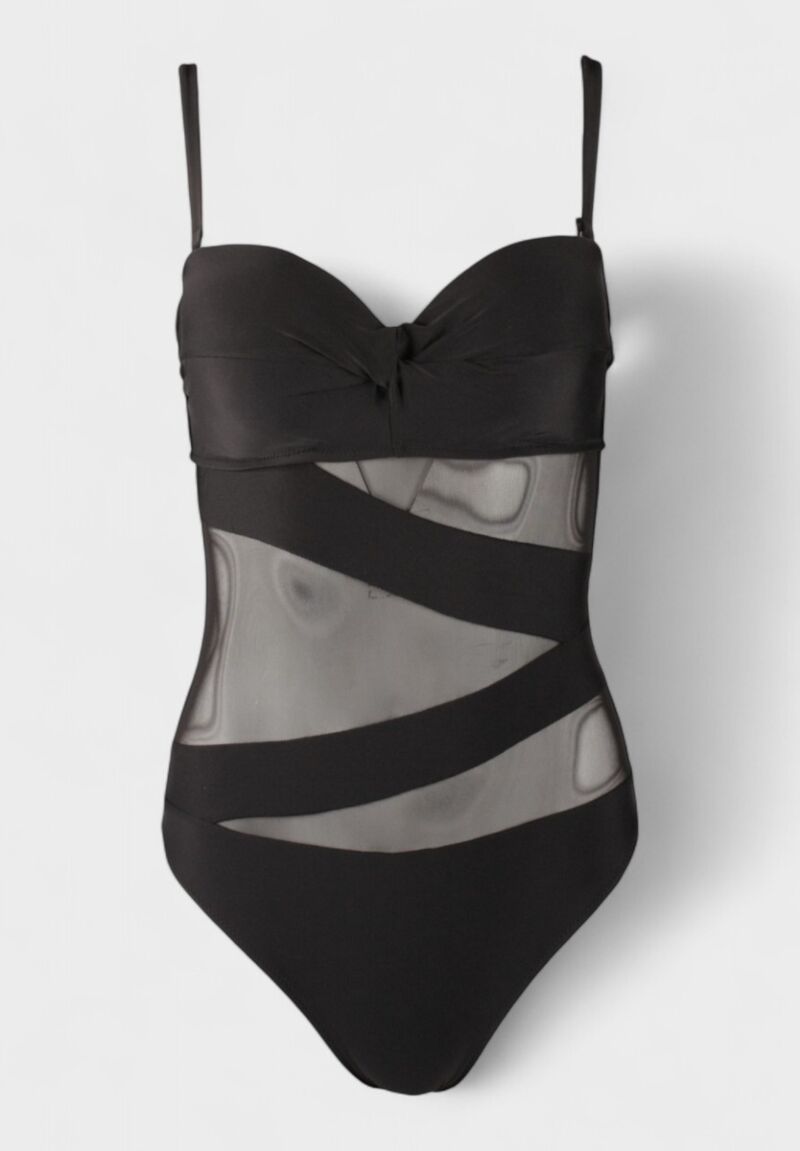 Γυναικείο Ολόσωμο Μαγιό με Διαφάνειες & Φιόγκο – Μαύρο