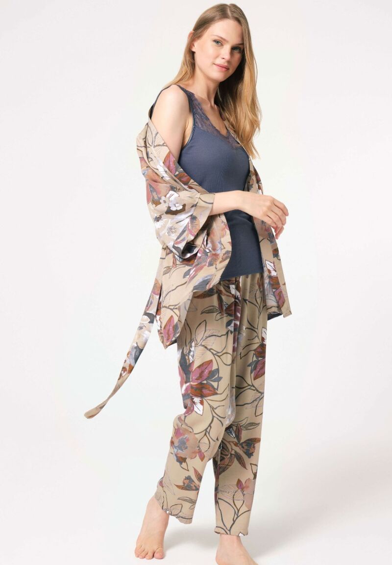 Πιτζάμα Σετ γυναικεία με ρόμπα Anil Viscoze Floral  Καφε