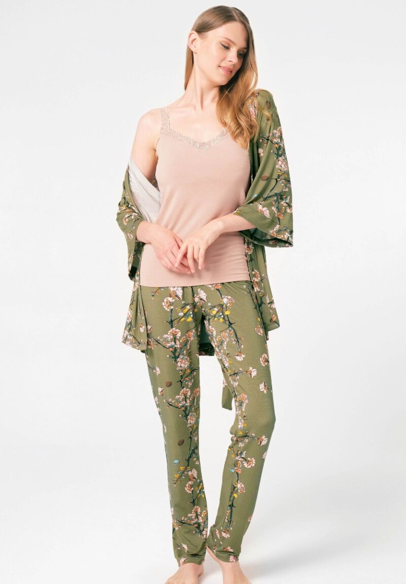 Πιτζάμα Σετ γυναικεία με ρόμπα Anil Viscoze Floral Πράσινο