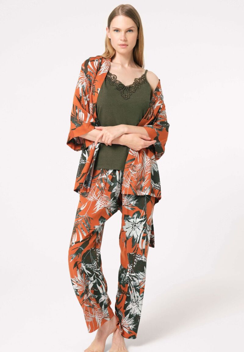 Πιτζάμα Σετ γυναικεία με ρόμπα Anil Viscoze Floral Cinnamon