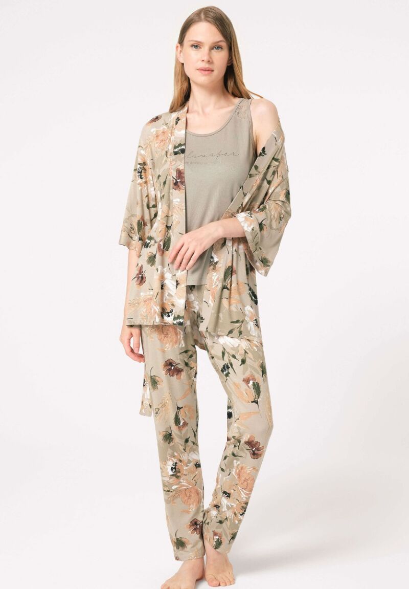 Πιτζάμα Σετ γυναικεία με ρόμπα Anil Viscoze Floral Λαδί