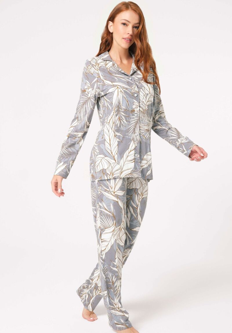 Πιτζάμα γυναικεία με κουμπιά Anil Viscoze Floral Γκρι