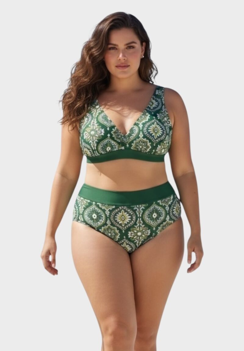 Γυναικείο μαγιό σετ πράσινο boho με ενίσχυση και ψηλόμεσο slip