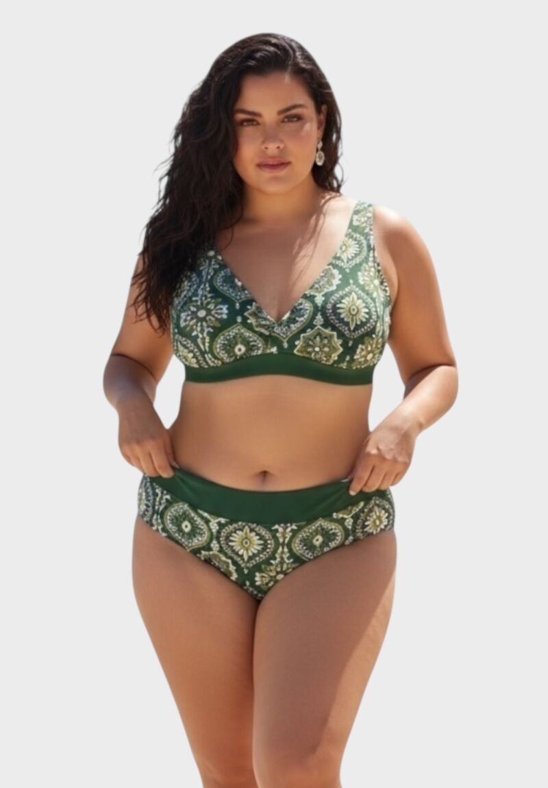 Γυναικείο μαγιό σετ πράσινο boho με ενίσχυση και ψηλόμεσο slip