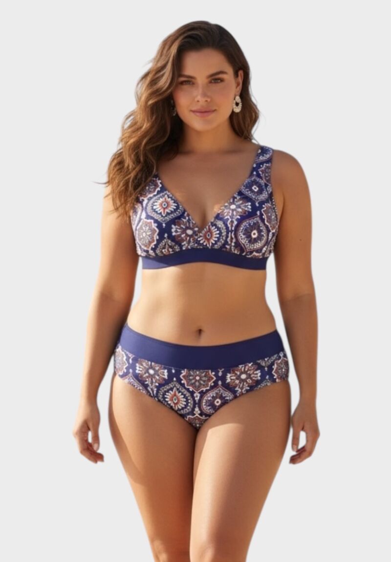 Γυναικείο μαγιό σετ μπλε μπορντό boho με ενίσχυση και ψηλόμεσο slip