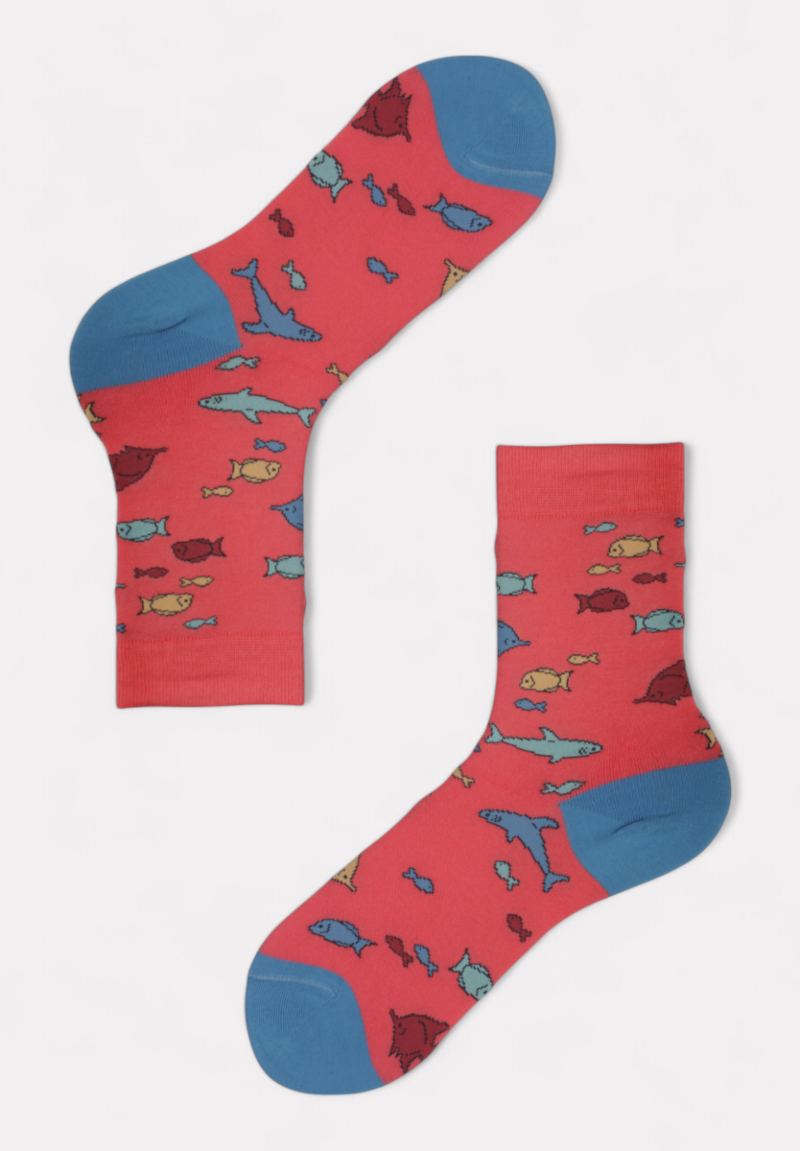 Pournara κάλτσα γυναικεία βαμβακερή με σχέδιο Design Fish Κοραλί