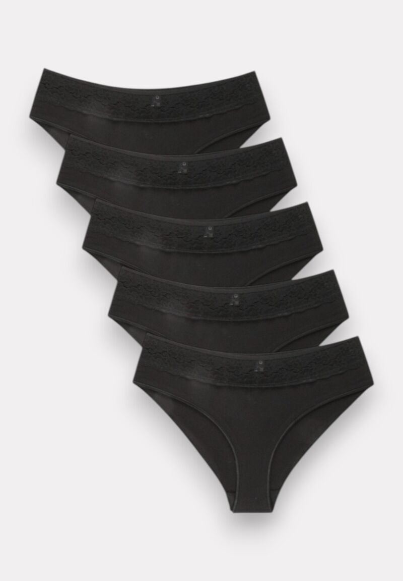 Σλιπ γυναικεία βαμβακερά Sexen ψηλόμεσα με δαντέλα " – Σετ 5 Τεμαχίων Μαύρα