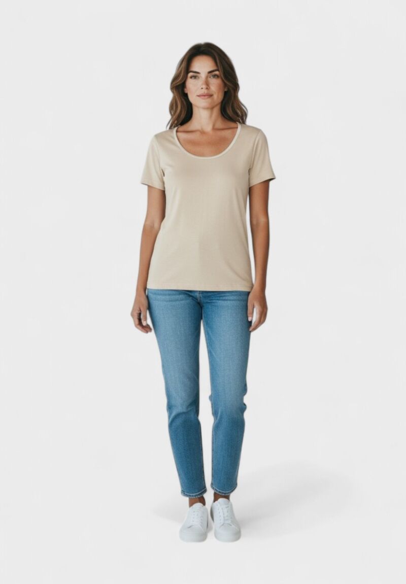 Φανελάκι Γυναικείο Βαμβακερό Eleana με Κοντό Μανίκι & Σατέν Ρέλι Μπεζ