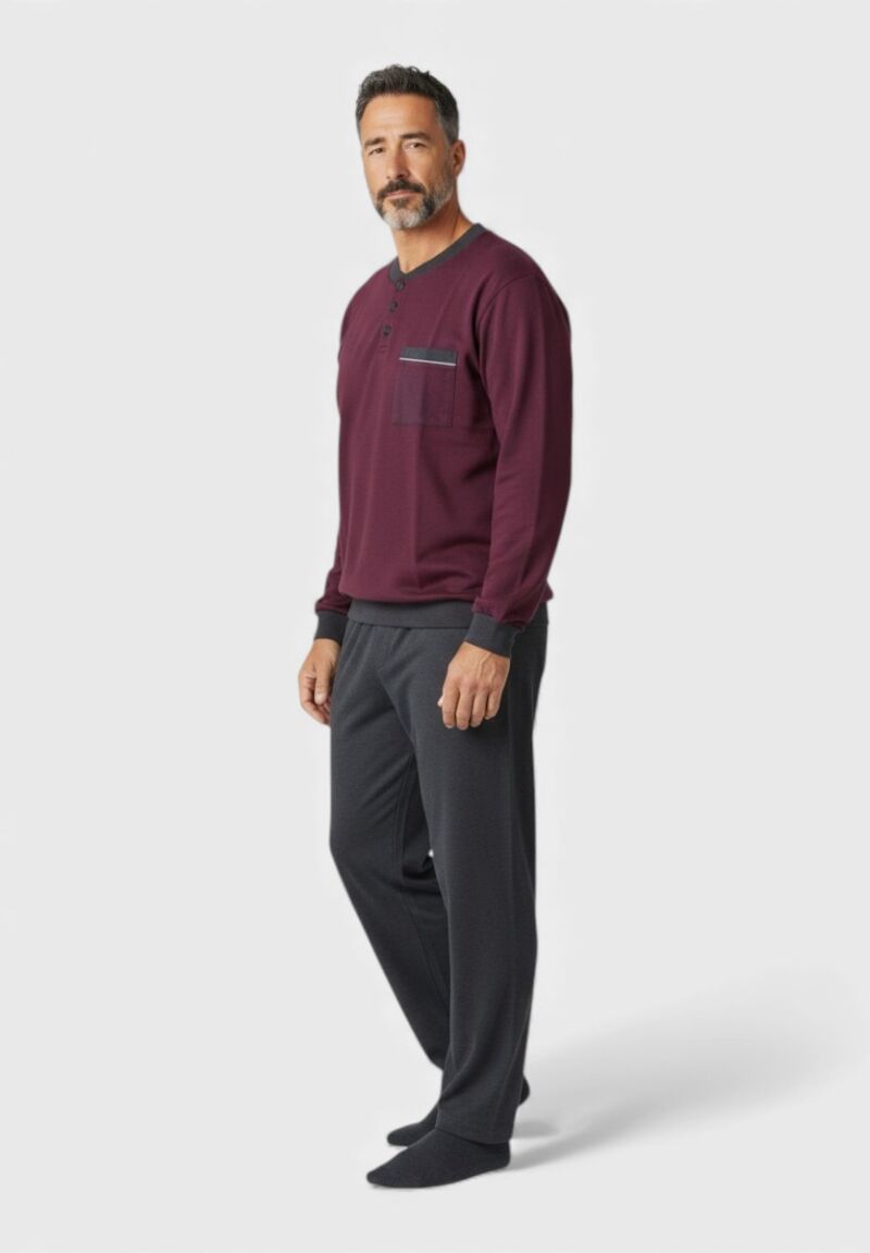 Ανδρική Βαμβακερή Φούτερ Πιτζάμα Collection Μπορντό με Κουμπί στο Παντελόνι