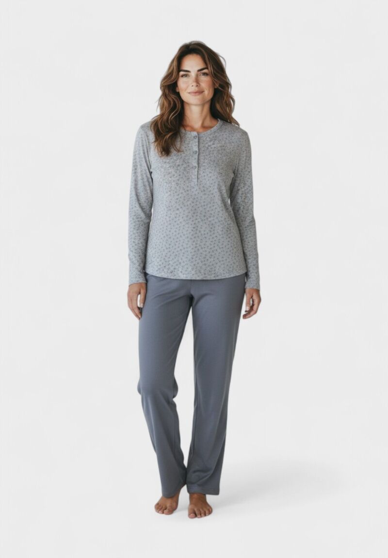 Γυναικεία Πιτζάμα Cherry Γκρι 100% Βαμβακερή με Κουμπιά στη Λαιμόκοψη