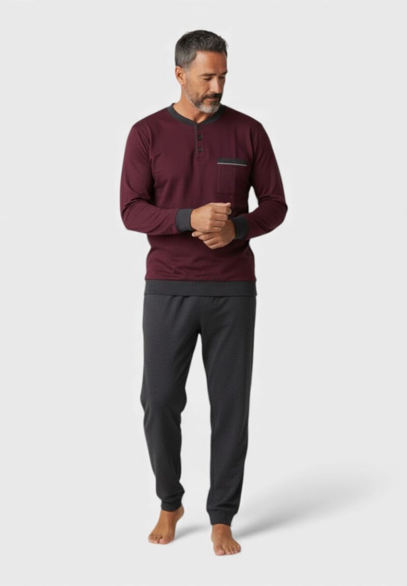 Ανδρική Βαμβακερή Φούτερ Πιτζάμα Collection Μπορντό με Κουμπί στο Παντελόνι