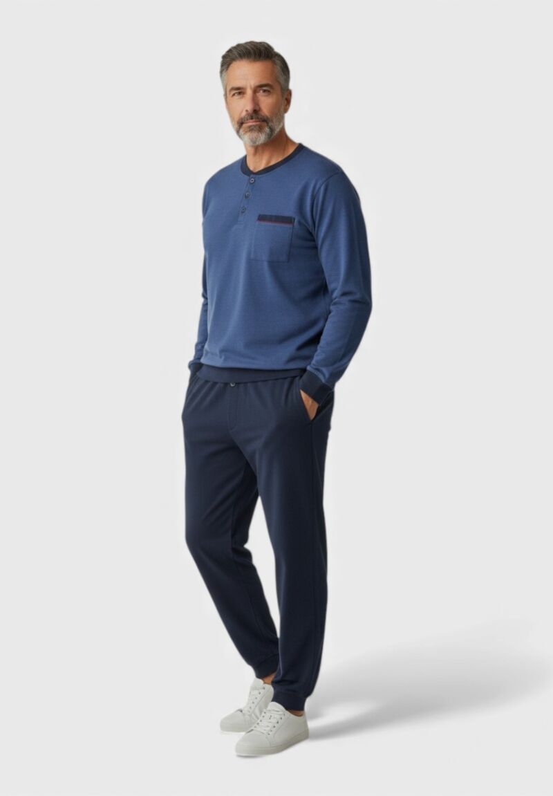 Ανδρική Βαμβακερή Φούτερ Πιτζάμα Collection Μπλε με Κουμπί στο Παντελόνι
