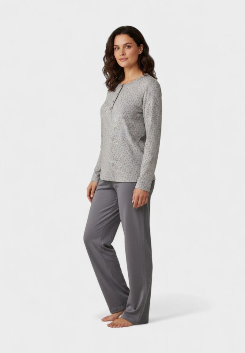 Γυναικεία Πιτζάμα Cherry Γκρι 100% Βαμβακερή με Κουμπιά στη Λαιμόκοψη
