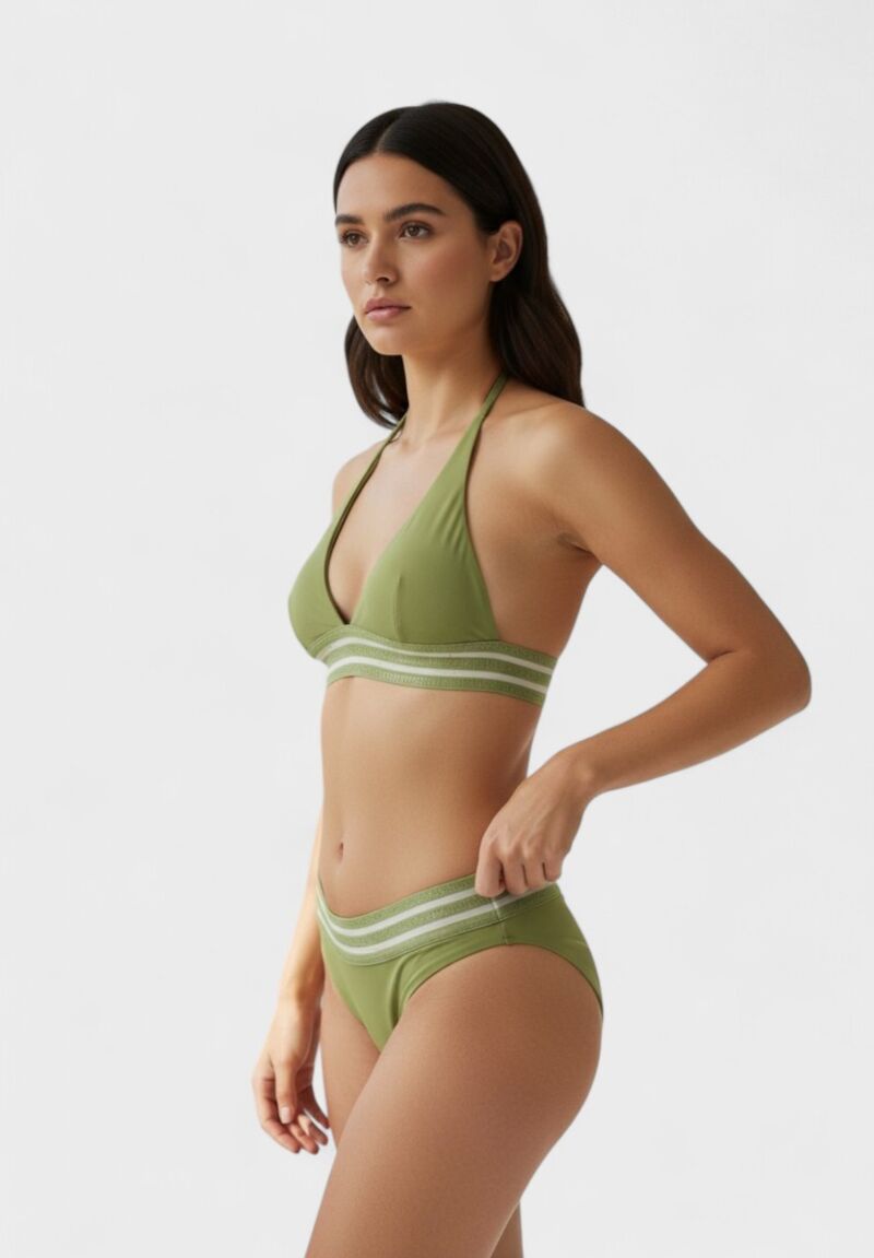 Γυναικείο Μαγιό Διπλής Ζώνης – Λαδί με Χρυσές Λεπτομέρειες