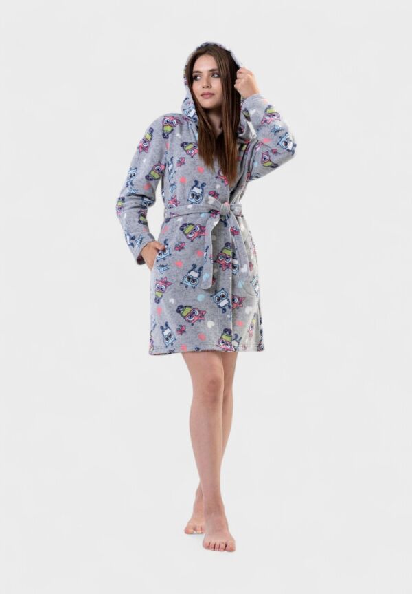 Γυναικεία Ρόμπα Vienetta με Κουκούλα και Σχέδιο Κουκουβάγιες – Γκρι