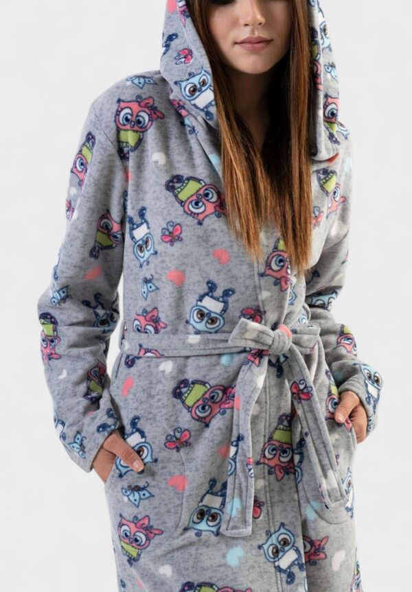 Γυναικεία Ρόμπα Vienetta με Κουκούλα και Σχέδιο Κουκουβάγιες – Γκρι