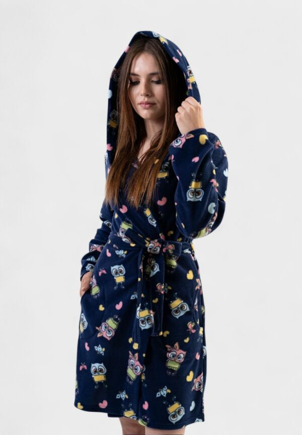 Γυναικεία Ρόμπα Vienetta με Κουκούλα και Σχέδιο Κουκουβάγιες – Μπλε Σκούρο