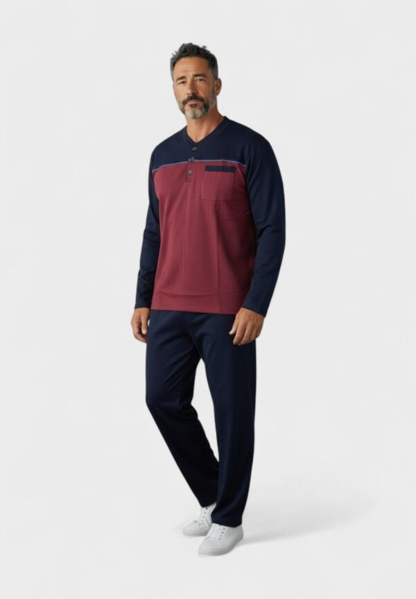 Ανδρική Πιτζάμα Φούτερ Collection με Μακριά Μανίκια & Κουμπιά – Μπορντό/Μπλε