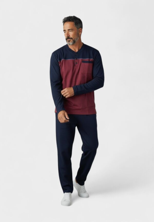 Ανδρική Πιτζάμα Φούτερ Collection με Μακριά Μανίκια & Κουμπιά – Μπορντό/Μπλε