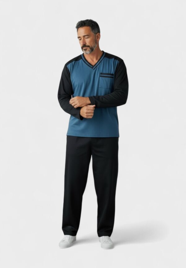 Ανδρική Πιτζάμα Fleece Collection Πετρόλ-Μαύρη με V Λαιμόκοψη