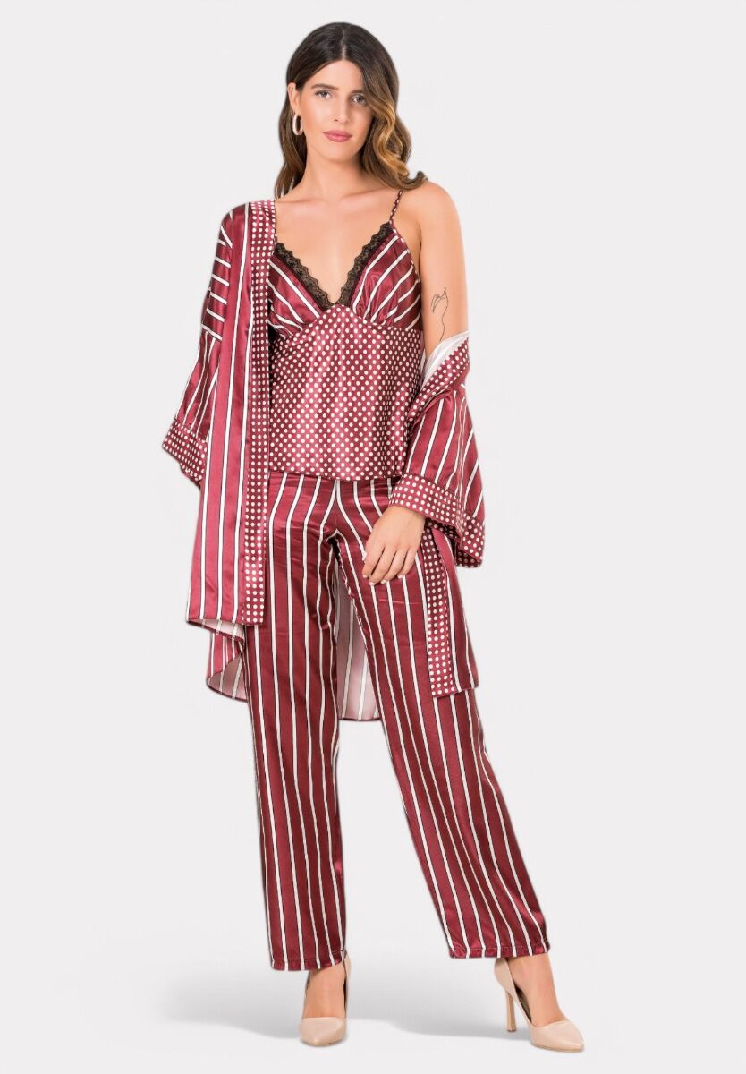 Σετ Πιτζάμα με Ρόμπα Σατέν Moongirl Bordo Dots & Stripes