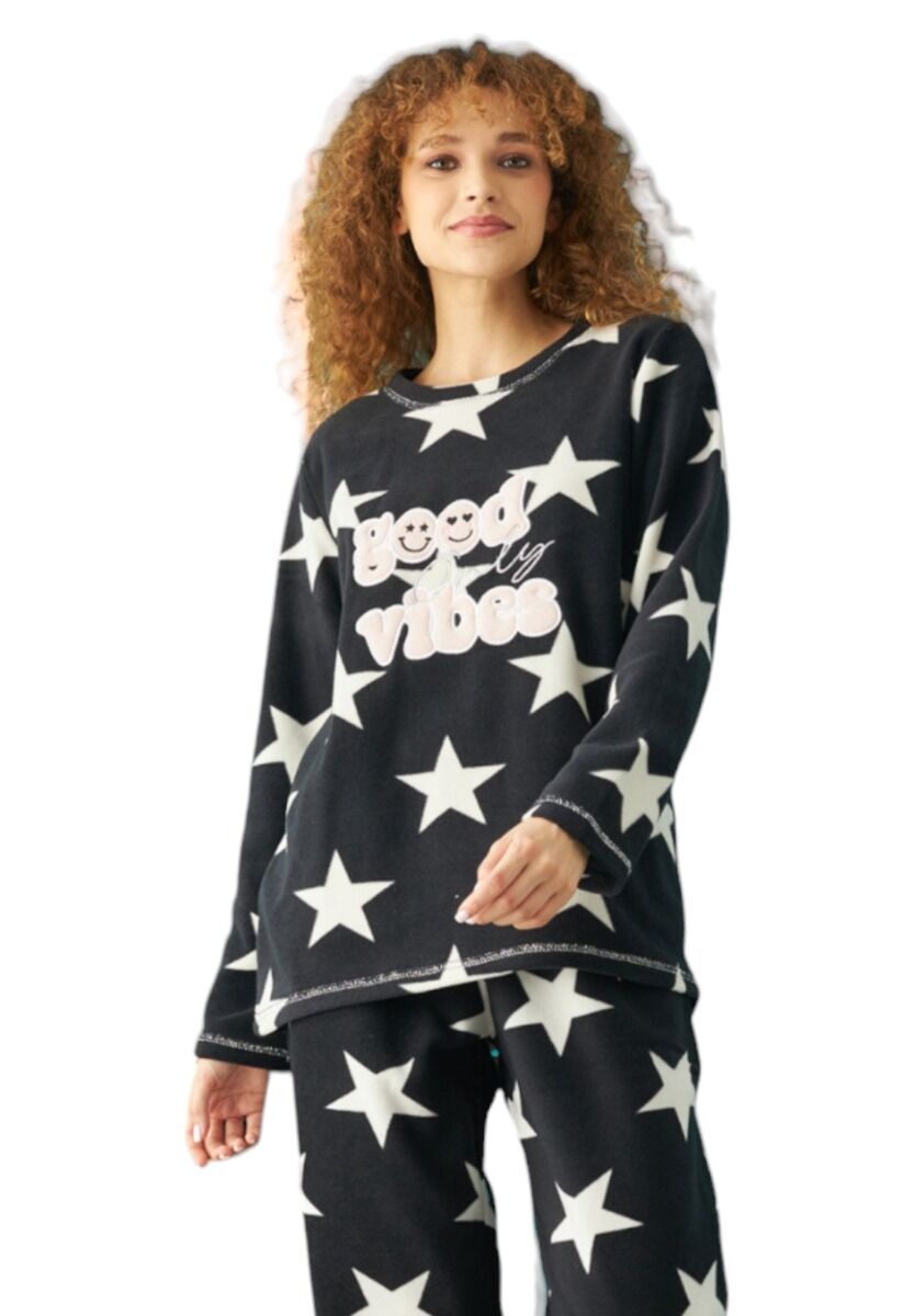 Πιτζαμα γυναικεία Fleece Siyah Inci Only Good Vibes