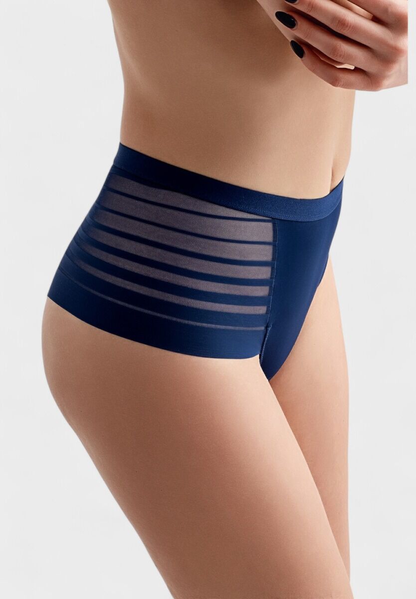 Brazil γυναικείο ψηλόμεσο laser cut εσώρουχο New Bra σε μπλε χρώμα με ριγέ διάφανα πλαϊνά
