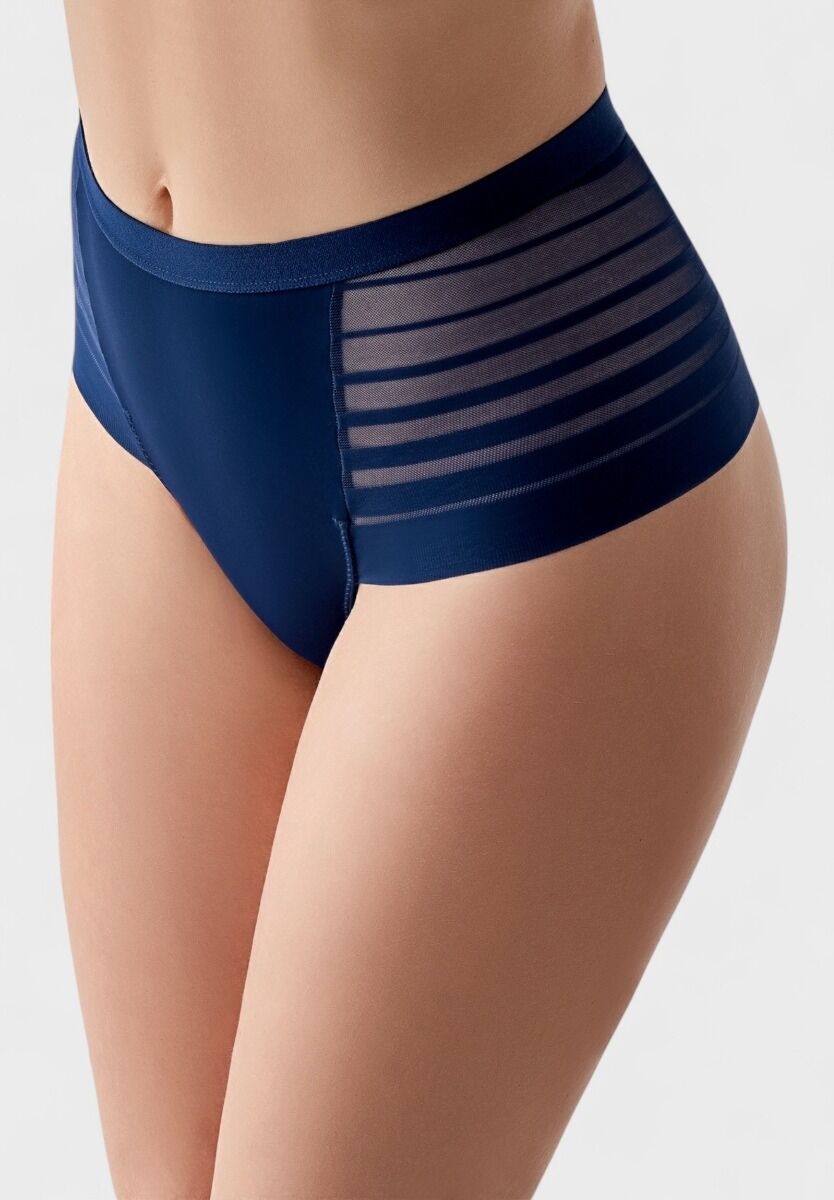 Brazil γυναικείο ψηλόμεσο laser cut εσώρουχο New Bra σε μπλε χρώμα με ριγέ διάφανα πλαϊνά
