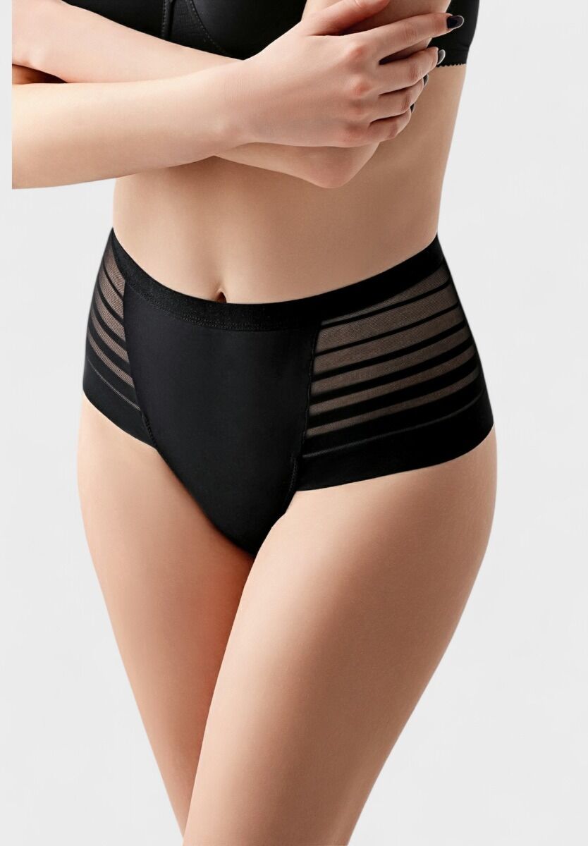 Brazil γυναικείο ψηλόμεσο laser cut εσώρουχο New Bra σε μαύρο χρώμα με ριγέ διάφανα πλαϊνά

