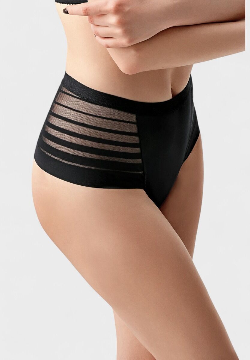 Brazil γυναικείο ψηλόμεσο laser cut εσώρουχο New Bra σε μαύρο χρώμα με ριγέ διάφανα πλαϊνά

