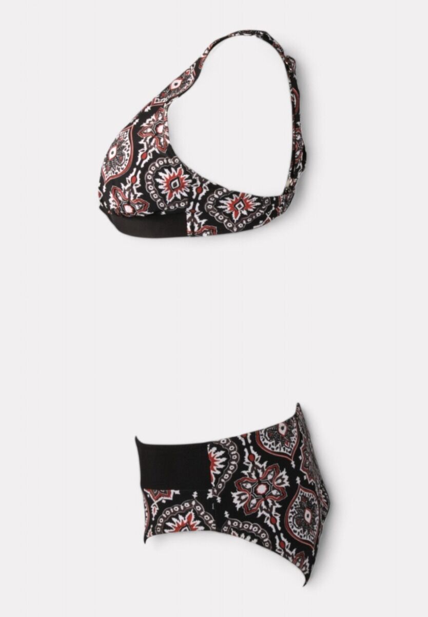 Γυναικείο μαγιό σετ μαύρο boho με ενίσχυση και ψηλόμεσο slip