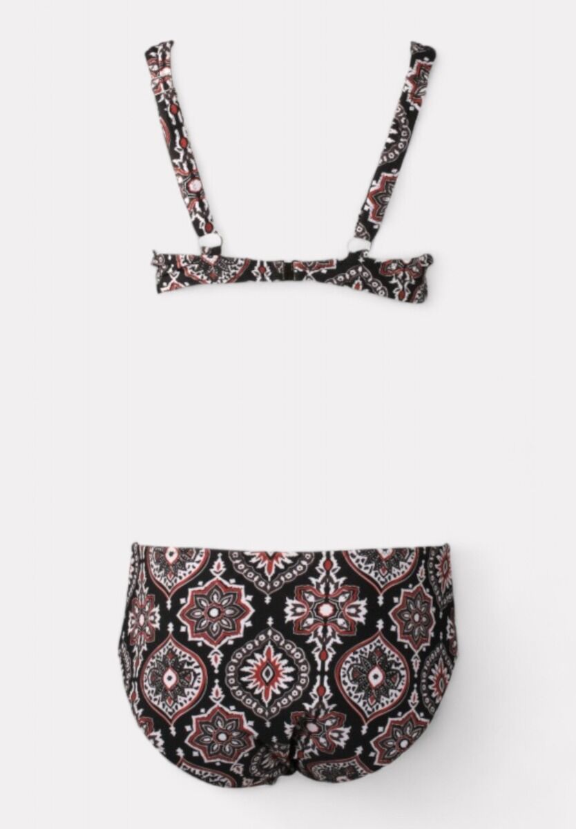Γυναικείο μαγιό σετ μαύρο boho με ενίσχυση και ψηλόμεσο slip