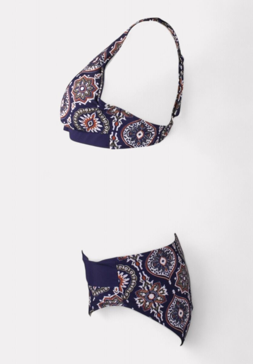 Γυναικείο μαγιό σετ μπλε μπορντό boho με ενίσχυση και ψηλόμεσο slip

