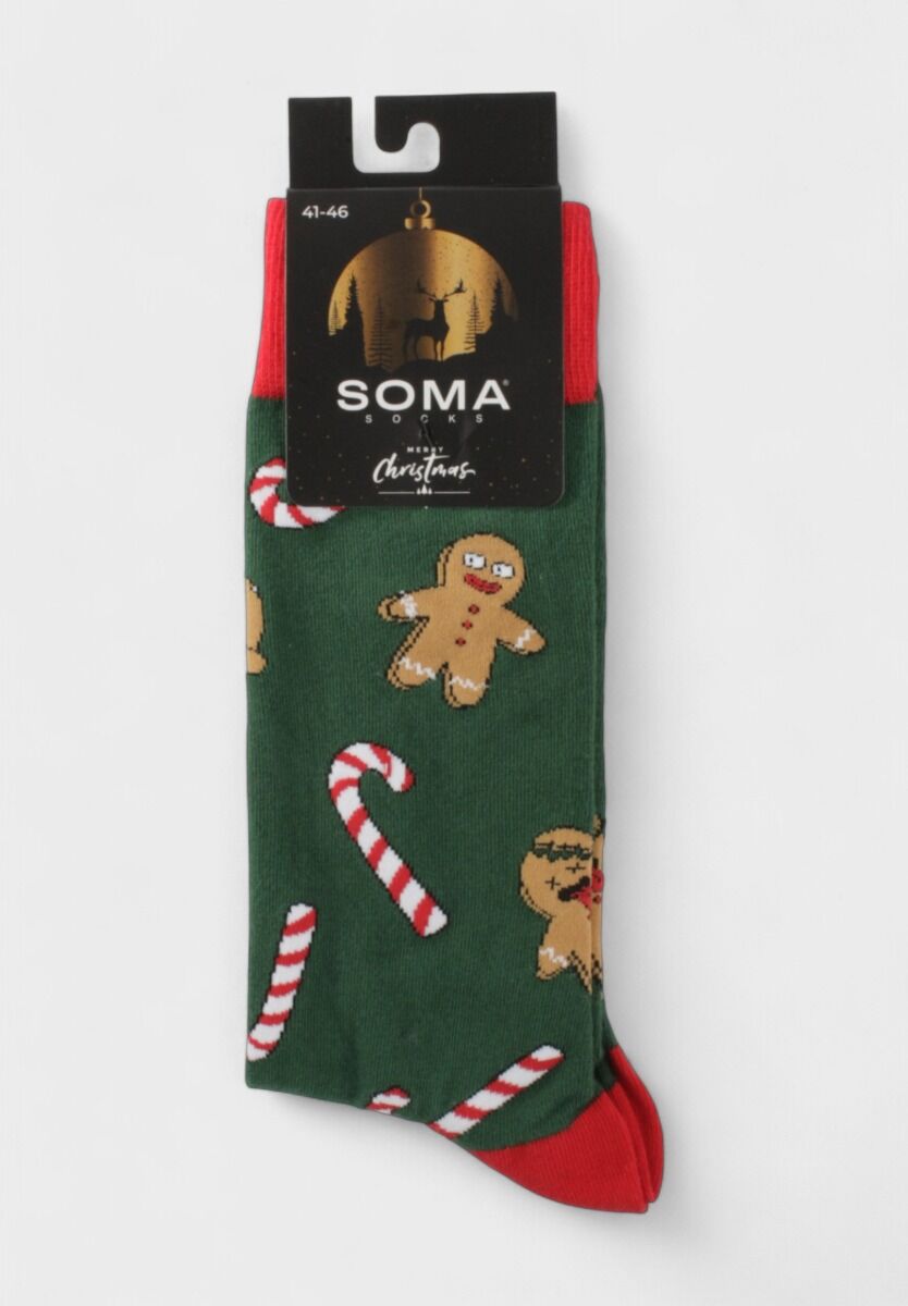 Χριστουγεννιάτικες κάλτσες Soma Socks Gingerbread Delight σε πράσινο χρώμα με σχέδιο ανθρωπάκια gingerbread και candy canes.