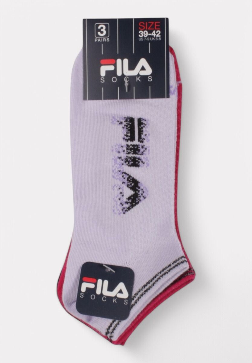 Σετ 3 κάλτσες Fila – ροζ, λιλά και μαύρες – με σπαστό logo και ανάγλυφη υφή για μοντέρνο urban στυλ