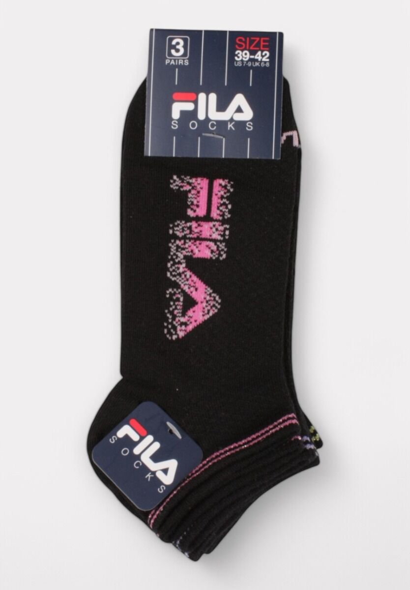 Σετ 3 μαύρες κάλτσες Fila με σπαστό logo σε φούξια, λιλά και lime – για statement στυλ με κάθε sneaker.