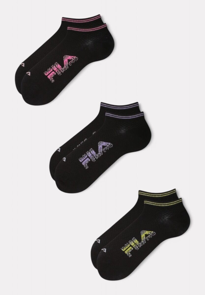 Σετ 3 μαύρες κάλτσες Fila με σπαστό logo σε φούξια, λιλά και lime – για statement στυλ με κάθε sneaker.