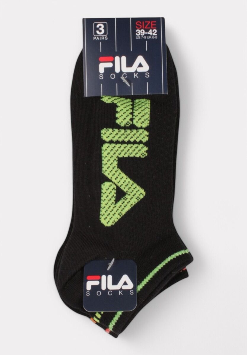 Σετ 3 μαύρες κάλτσες Fila με μεγάλο neon logo σε πορτοκαλί, πράσινο και φούξια – έντονο και urban look