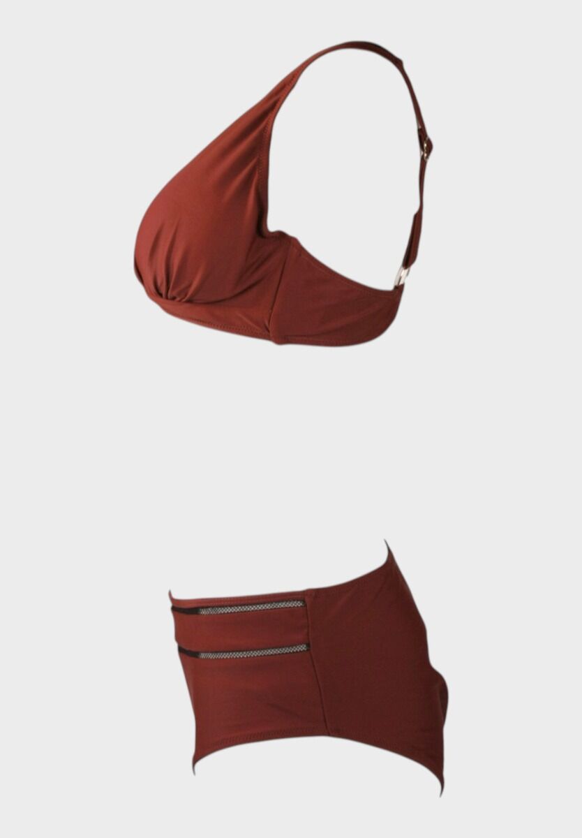 Καφέ γυναικείο σετ μαγιό με τοπ τύπου bralette και ψηλόμεσο σλιπ
