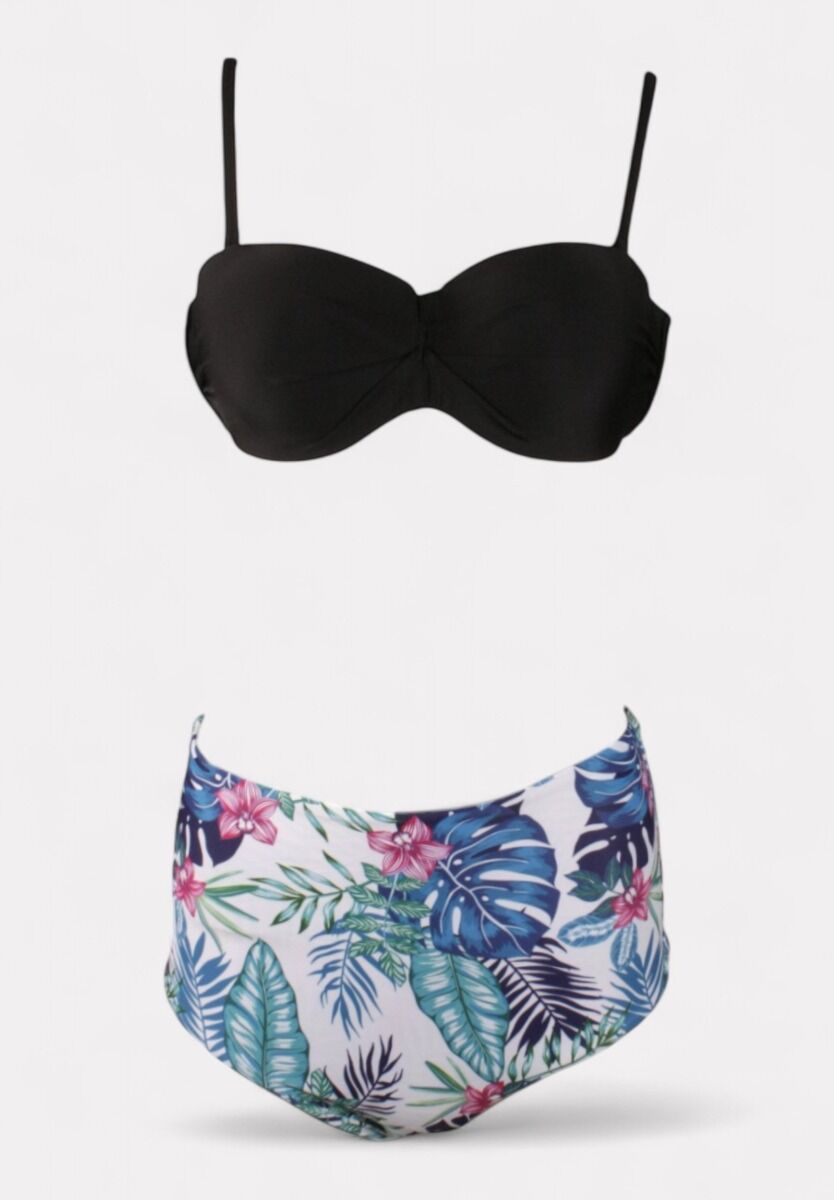 Γυναικείο μαγιό μπικίνι AG-88168-3 με μαυρο strapless top και τροπικό ψηλόμεσο κάτω μέρος

