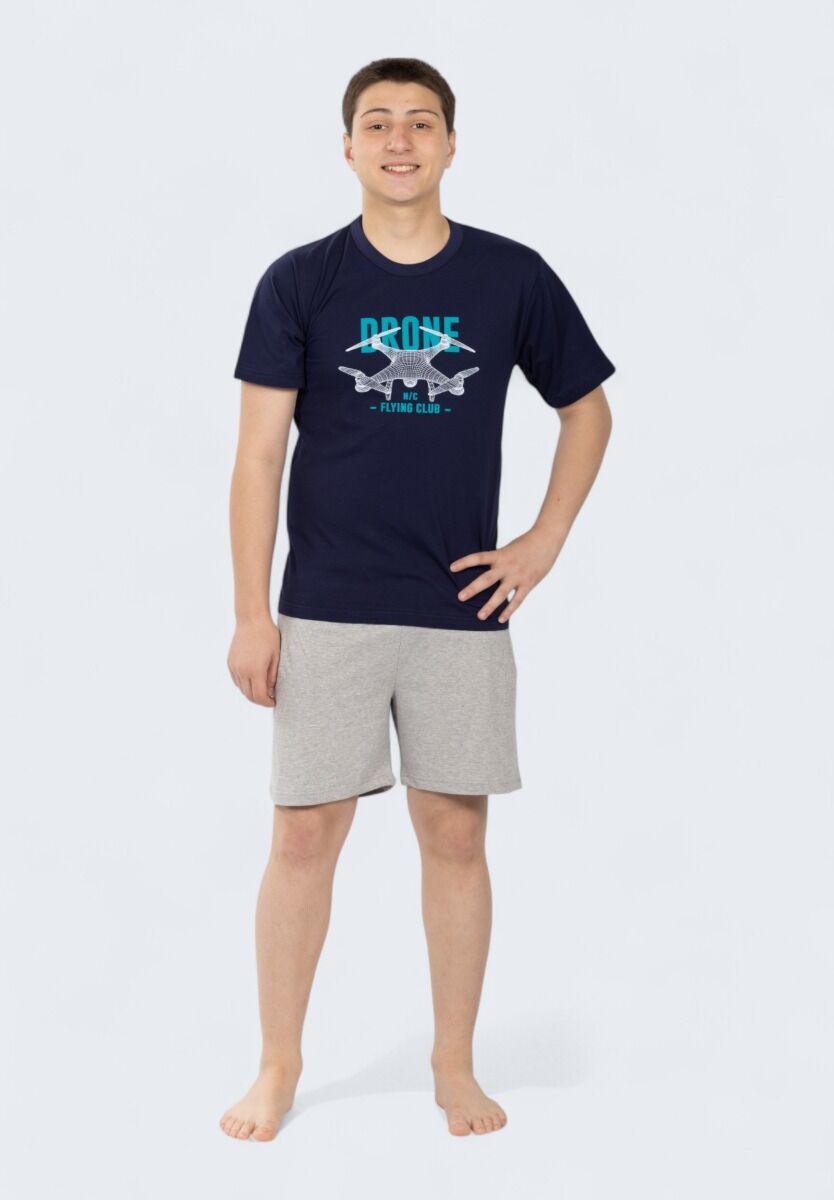 Εφηβική πιτζάμα Nina Club με σχέδιο Drone σε μπλε t-shirt και γκρι σορτς – 100% βαμβάκι

