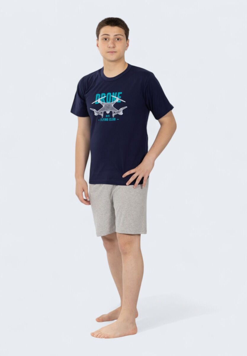 Εφηβική πιτζάμα Nina Club με σχέδιο Drone σε μπλε t-shirt και γκρι σορτς – 100% βαμβάκι

