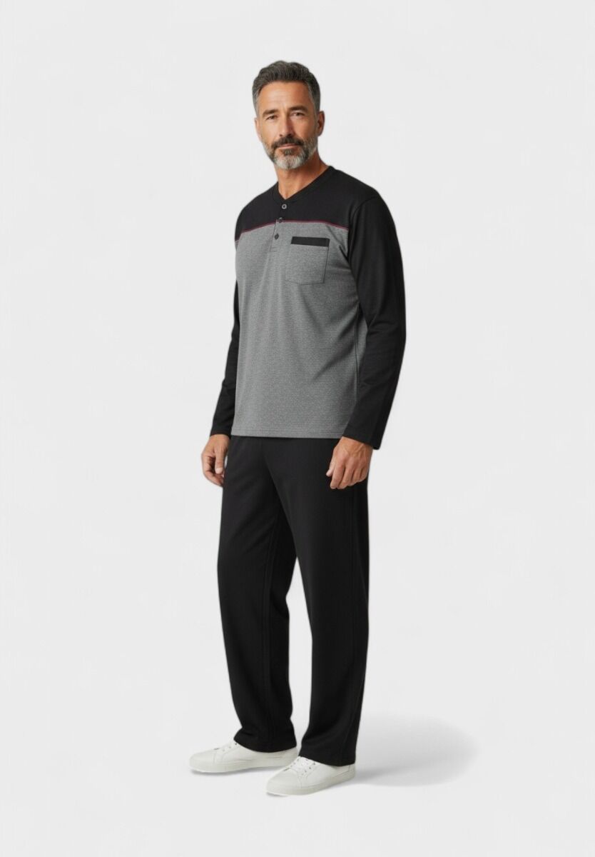 Ανδρική πιτζάμα fleece Collection γκρι μαύρο με κουμπιά – Closet22