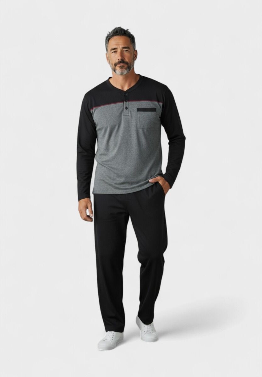 Ανδρική πιτζάμα fleece Collection γκρι μαύρο με κουμπιά – Closet22