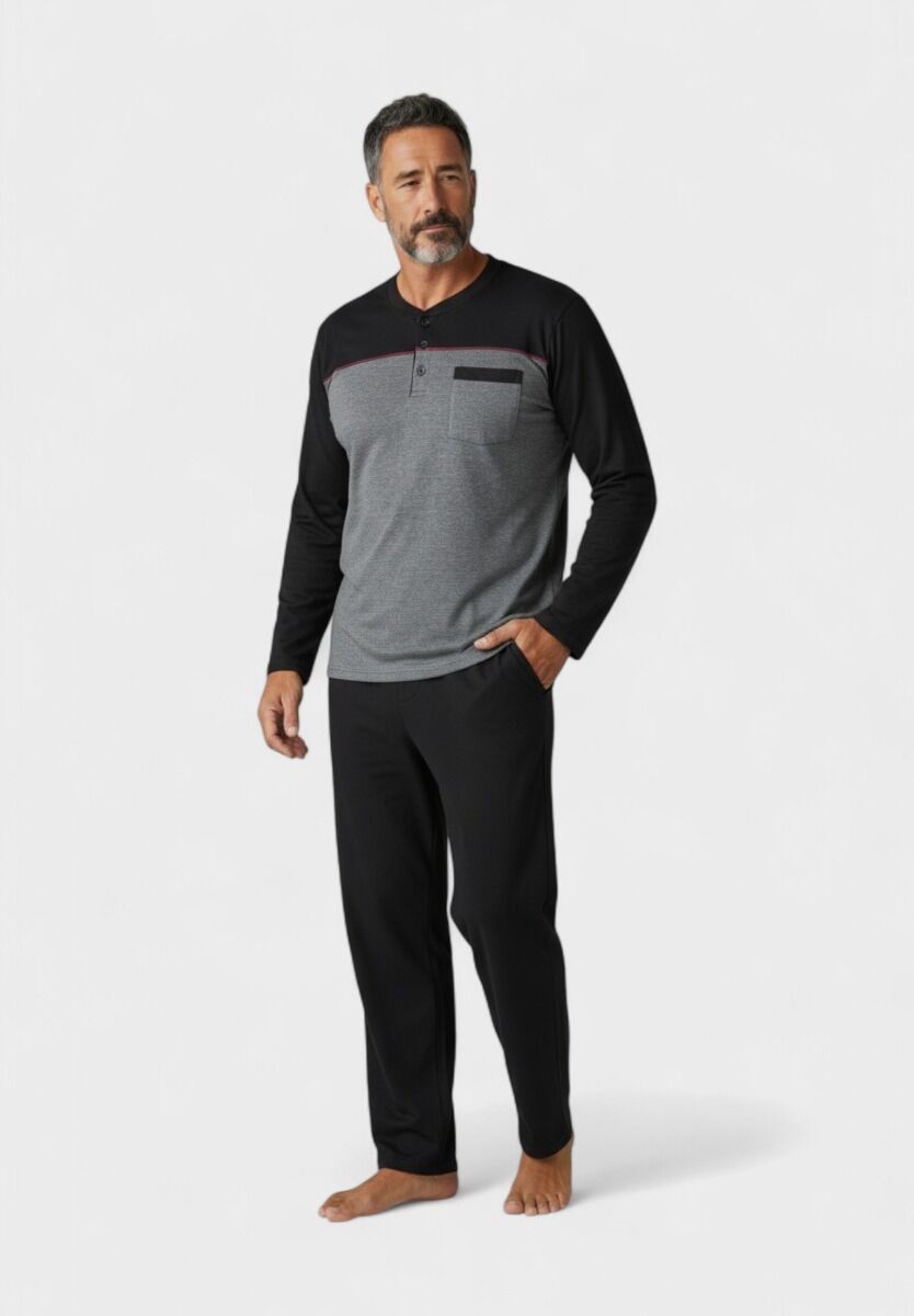 Ανδρική πιτζάμα fleece Collection γκρι μαύρο με κουμπιά – Closet22