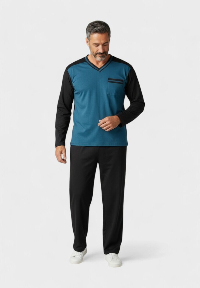 Ανδρική πιτζάμα fleece μπλε-μαύρη με V λαιμόκοψη – Collection