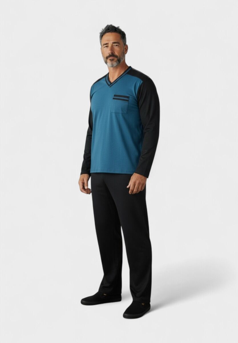 Ανδρική πιτζάμα fleece μπλε-μαύρη με V λαιμόκοψη – Collection